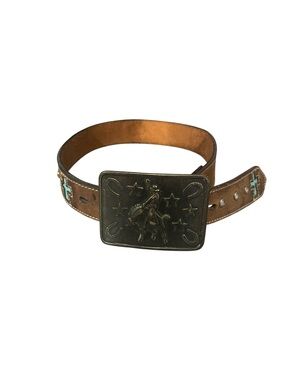 3D Genuine Leather Belt Youth 20 Laser Cut Cross Rhinestones Bronc Rider Buckle